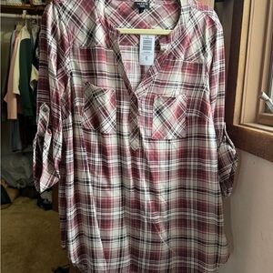Torrid Checkered Blouse in Burgundy and Cream
